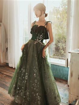 Picture of Pretty Dark Green Straps Tulle with Velvet Party Dresses, Green Evening Gown Prom Dresses